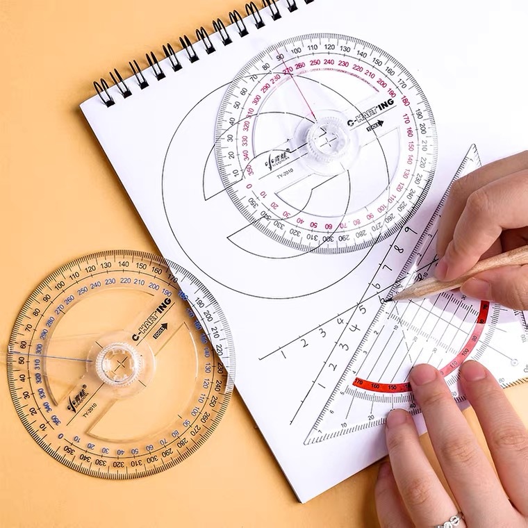 学生360度量角器 多功能尺三角板带平行线角度坐标全圆半圆